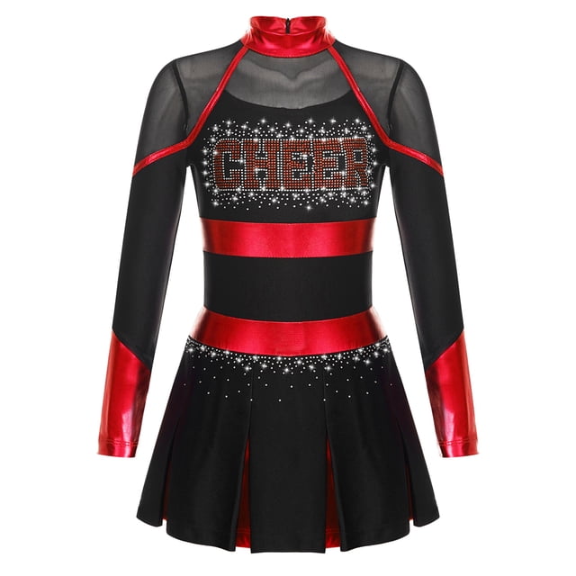 Alvivi Tenue de Meneuse de Claque pour Filles Robe Plissée Brillante Uniforme de Cheer pour Enfants Noir&Rouge 8