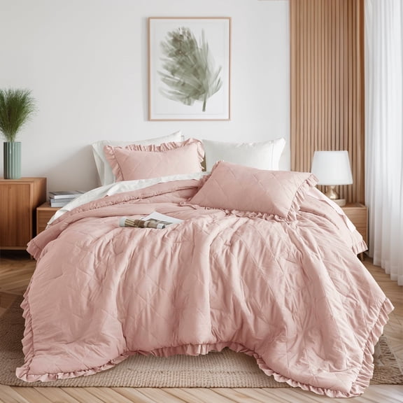 Regency Heights Full/Queen Size Ruffle Comforter Set with Shams,3-Piece Quilted Bedding Set, Pink, Gift for Women