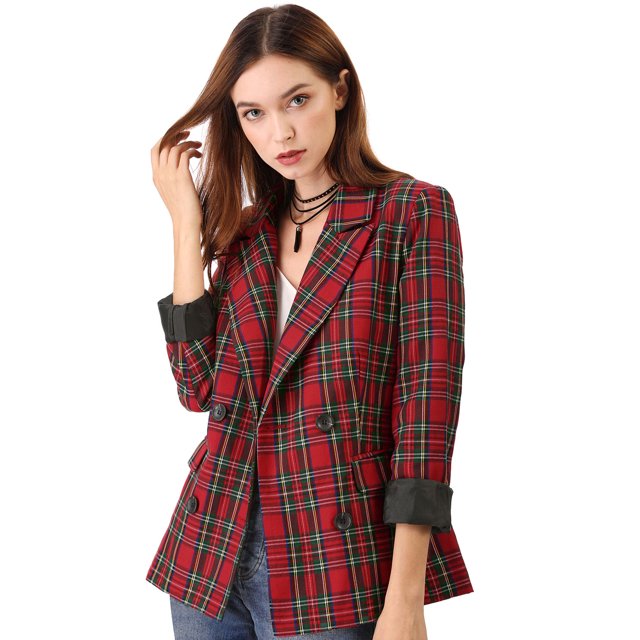 INSPIRE CHIC Blazer à Carreaux à Revers Cranté à Double Boutonnage pour Femme