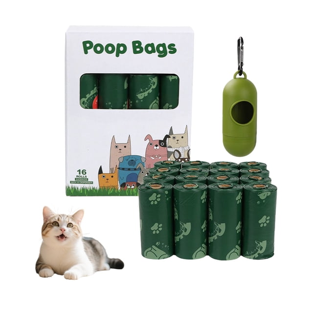 Biodegradable scented pet waste bags for dogs and cats, shown in green rolls with paw print designs. Includes a green dispenser with a clip and a box featuring cartoon animal illustrations. Eco-friendly and leak-proof, suitable for indoor and outdoor use with quick soil degradation.