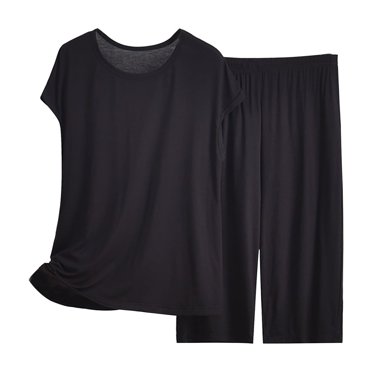 DondPO Pajamas for Women Set Womens Capri Pajama Sets Summer Short Sleeve Top With Capri Pants Soft 2 Pajamas Cotton Pajamas for Women Set Plus Size Pajamas Black 3XL (Clearance)