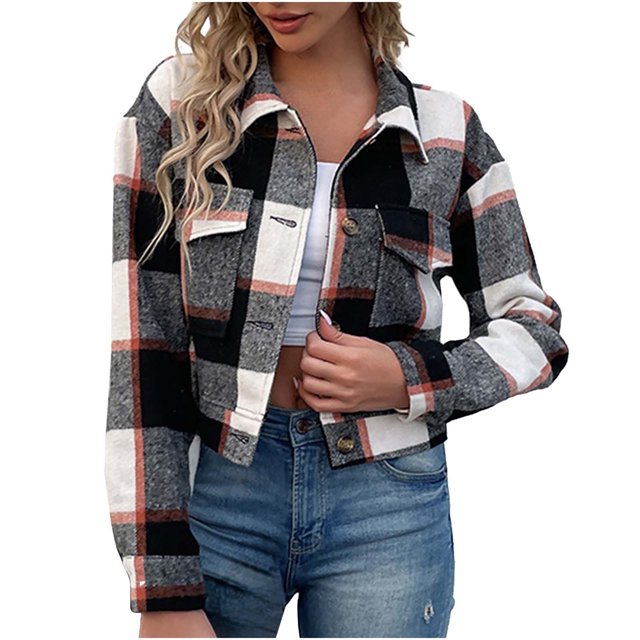 Yuyuzo Womens Cropped Plaid Shacket Button down Short Flannel Shirt Jacket Coat Outwear with Pockets