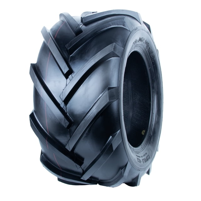 Hi-Run SU18 20X10.00-8 4PR lawn and garden tire shown in 3/4 profile with 9.5-inch section width and aggressive high-void bar-lug tread featuring angled grooves for mud traction and self-cleaning. Tubeless black rubber tire suitable for garden tractors, riding mowers, and utility vehicles on soft terrain.