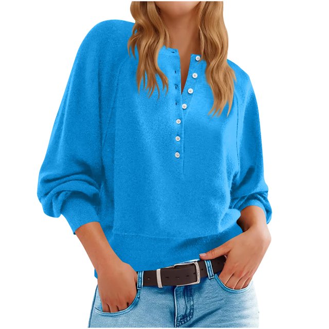 Longs Chandails pour Femmes Mode pour Femmes Col Rond à Boutons Manches Longues Hauts Unis Chandail à Enfiler Chandail Tendance et Confortable Vêtements d'Hiver Chandails d'Hiver pour Femmes