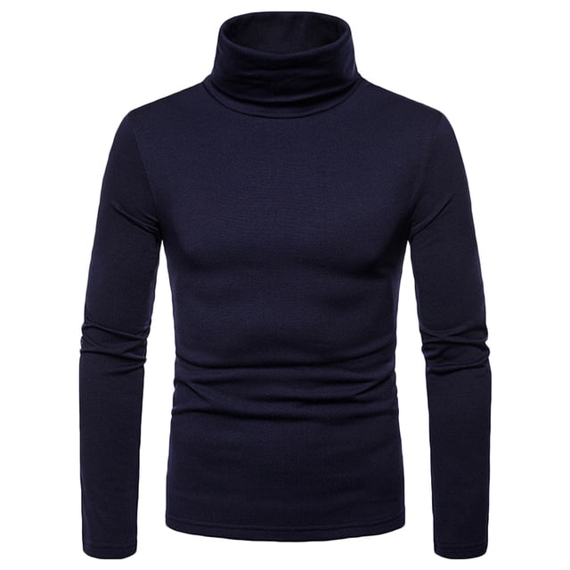 Chandail à Col Roulé Uni Décontracté pour Homme à Manches Longues, Chandail de Base, Chemisier de Couleur Bleu Marine Foncé. Ce Chandail à Col Roulé pour Homme Présente un Haut à Col Roulé, des Manches Longues et une silhouette Ajustée. Fabriqué à Partir de Mélanges de Coton, Il Sert de Couche de Base de Couleur Unie Idéale pour le Printemps et l'Automne, Tenue Décontractée Ou Quotidienne. Affiché sur un Fond Blanc Uni.