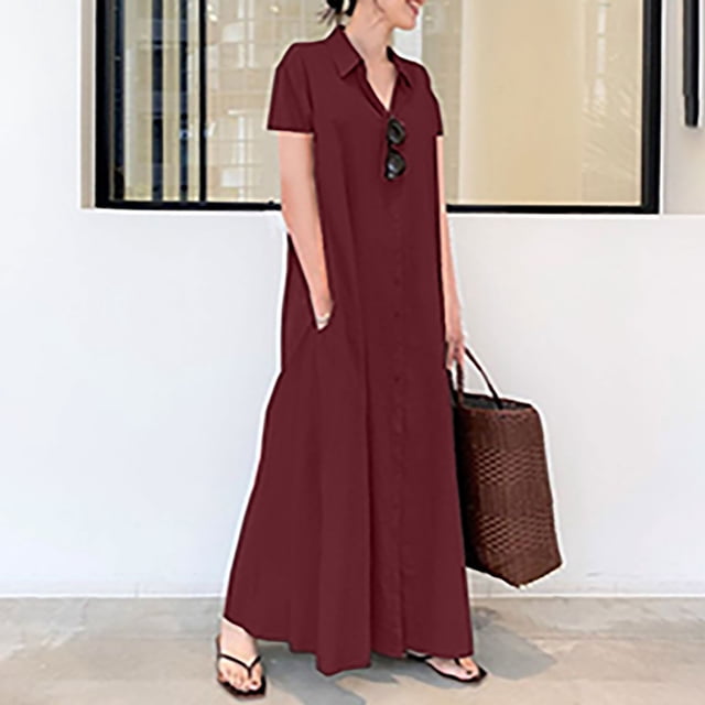 Fshaion Robe d'Été pour Femmes 2024 Grande Taille Décontractée Aguichant Col Rond Uni et Manches Courtes Robe à Boutons en Liquidation à Moins de 10!