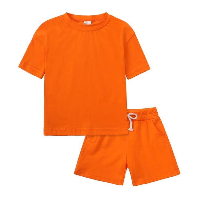 MIASHUI Boys Summer Tracksuit Outfits Solid Color Short Sleeve Shirts Shorts Outfits,Orange,8-9 Years