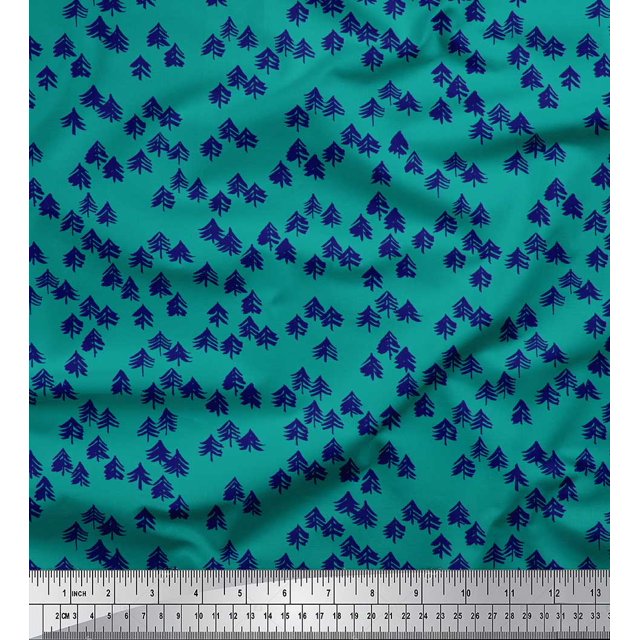 Soimoi Blue Silk Fabric Deodar Cedar Tree Print Sewing Fabric Yard 42 Inch Wide