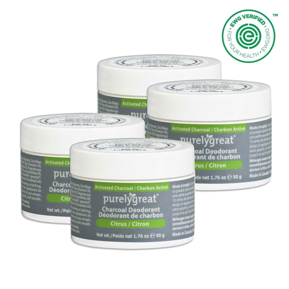 4 Pack - Purelygreat Natural Deodorant Cream - Charcoal Citrus 50g Aluminum Free Vegan, Made in Canada