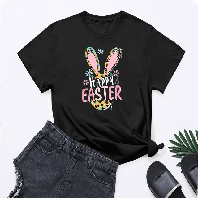 UPPADA Femmes Joyeuses Easter T-Shirt Bunny Rabbit T-Shirt Graphique Manches Courtes Lettres Amusantes Imprimées Chemises Manches Courtes Col Rond Tuniques Hauts Noir,G