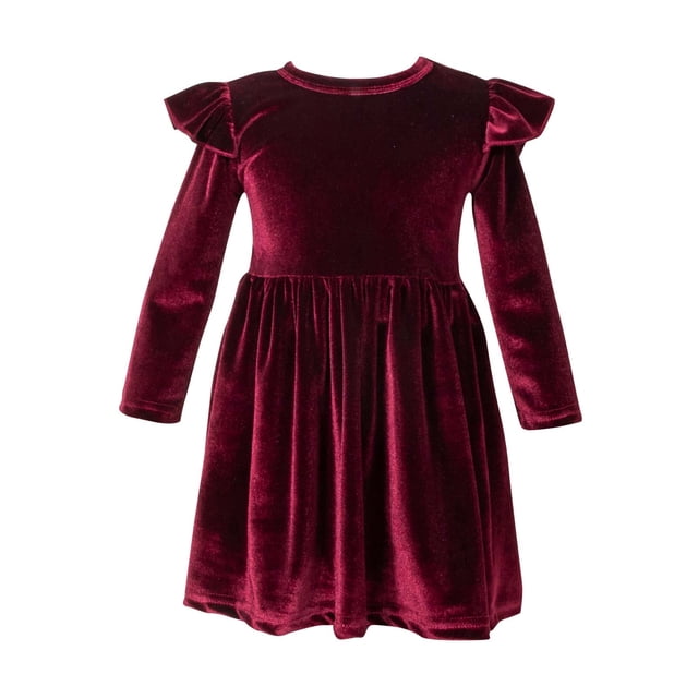 Infant Toddler Girls Solid Color Single Sided Velvet Lace Long Sleeves Ruched Dress