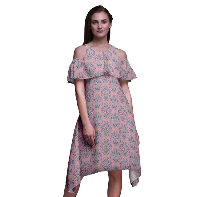 Bimba Robe à Volants Imprimée Damas Rose pour Femmes Épaules Dénudées - XX-Grand