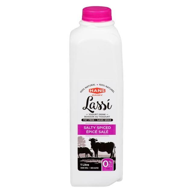 Hans Dairy Salty Spiced Yogurt Smoothie Lassi in a 1-litre white plastic bottle with a pink screw cap, labeled fat free and 100% natural with black cow silhouettes; a traditional Indian yogurt drink blending yogurt with chili, cumin, and coriander spices, often used for hydration in warm climates.