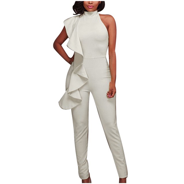 Yuyuzo Women's Jumpsuit Ruffle Strapless Mock Neck Solid Color High Waist Pants Clubwear Rompers