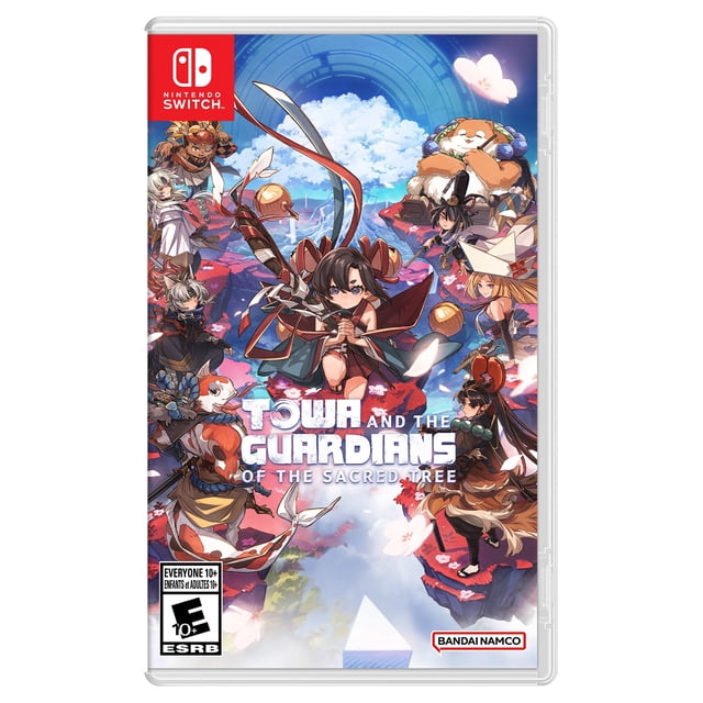 Towa and the Guardians of the Sacred Tree Nintendo Switch game cover Mettant en Vedette des Personnages de Style Anime en action sur des Îles Flottantes à Feuilles Rouges sous un Ciel Bleu, Mettant l'Accent sur le combat de roguelite et la Forge d'Épée dans Ce JDR Fantastique par Bandai Namco.