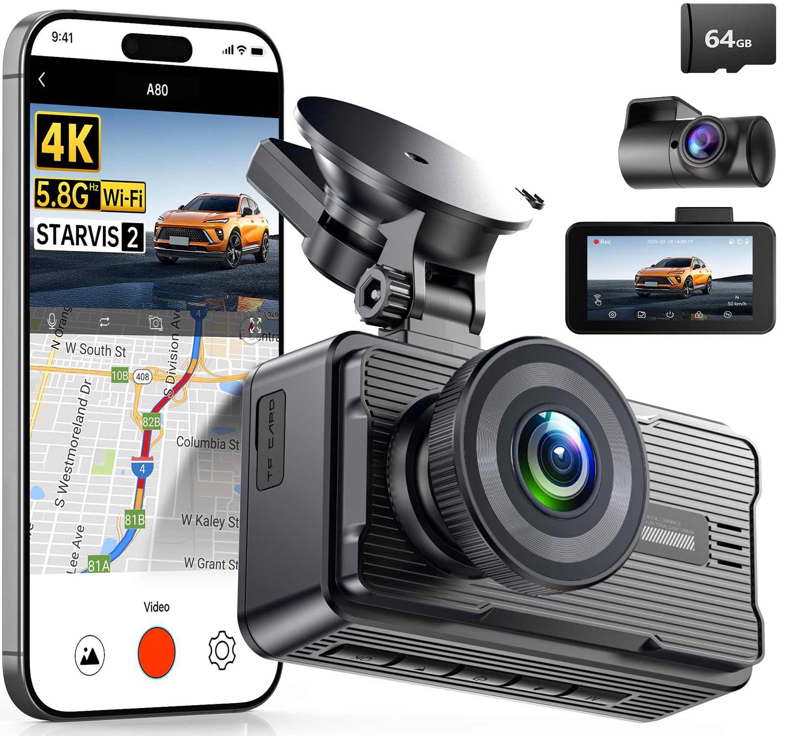JOMISE 4K Dash Cam Front and Rear with 5Ghz WiFi GPS, Dual Dashcam with 64GB Card, 3" Screen, Night Vision, 24H Parking Mode &ndash; Reliable Dash Ca
