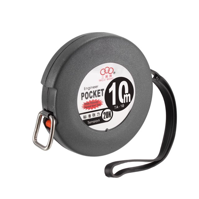 Unique Bargains Measuring Tape Retractable 10 Meters Metric Tape Measure Ruler in grey, designed for hand tools and layout tasks. Made of durable plastic and steel, it features a compact 88 x 24mm (3.46 x 0.94 inches) design with a steel ruler and 10-meter scale. Includes a wrist strap and metal clip for portability.