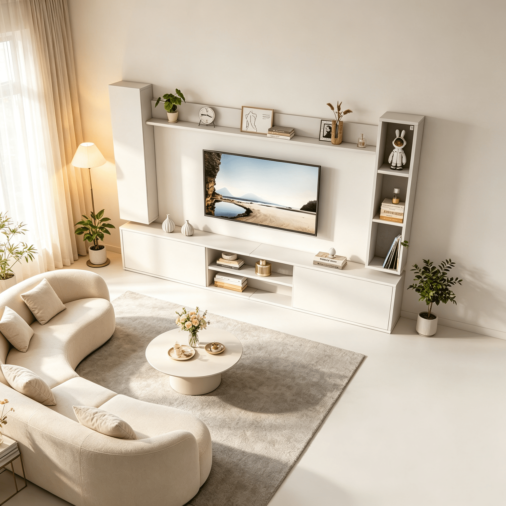 Homy Casa Modular White Entertainment Center with TV Console, 2 Display Cabinets and Wall Shelf