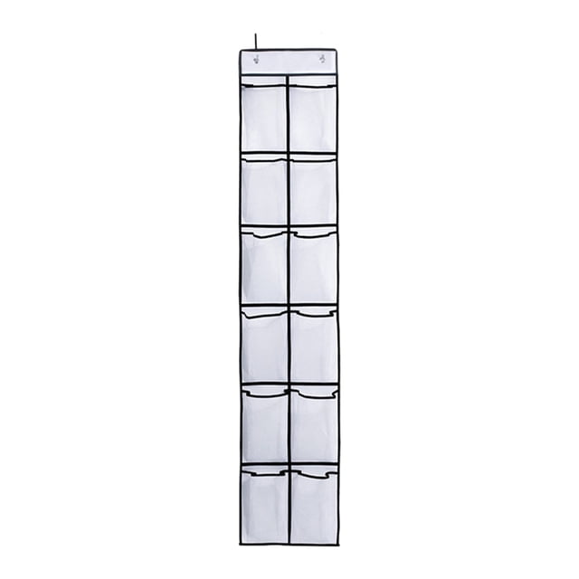 Hanging Closet Organizers and Storage Over the Door Shoe Rack for Door with 12 Large Mesh Pockets. This white non-woven fabric organizer measures 146x32cm (57.48x12.59in) and features breathable mesh pockets suitable for storing men's size 13 shoes, women's high heels, or children's shoes. Includes two sturdy stainless steel hooks for easy installation on doors or in closets. Multipurpose design allows for storage of shoes, towels, cleaning supplies, or makeup tools, making it ideal for bedrooms, dorms, or travel. Compact and foldable for convenience.