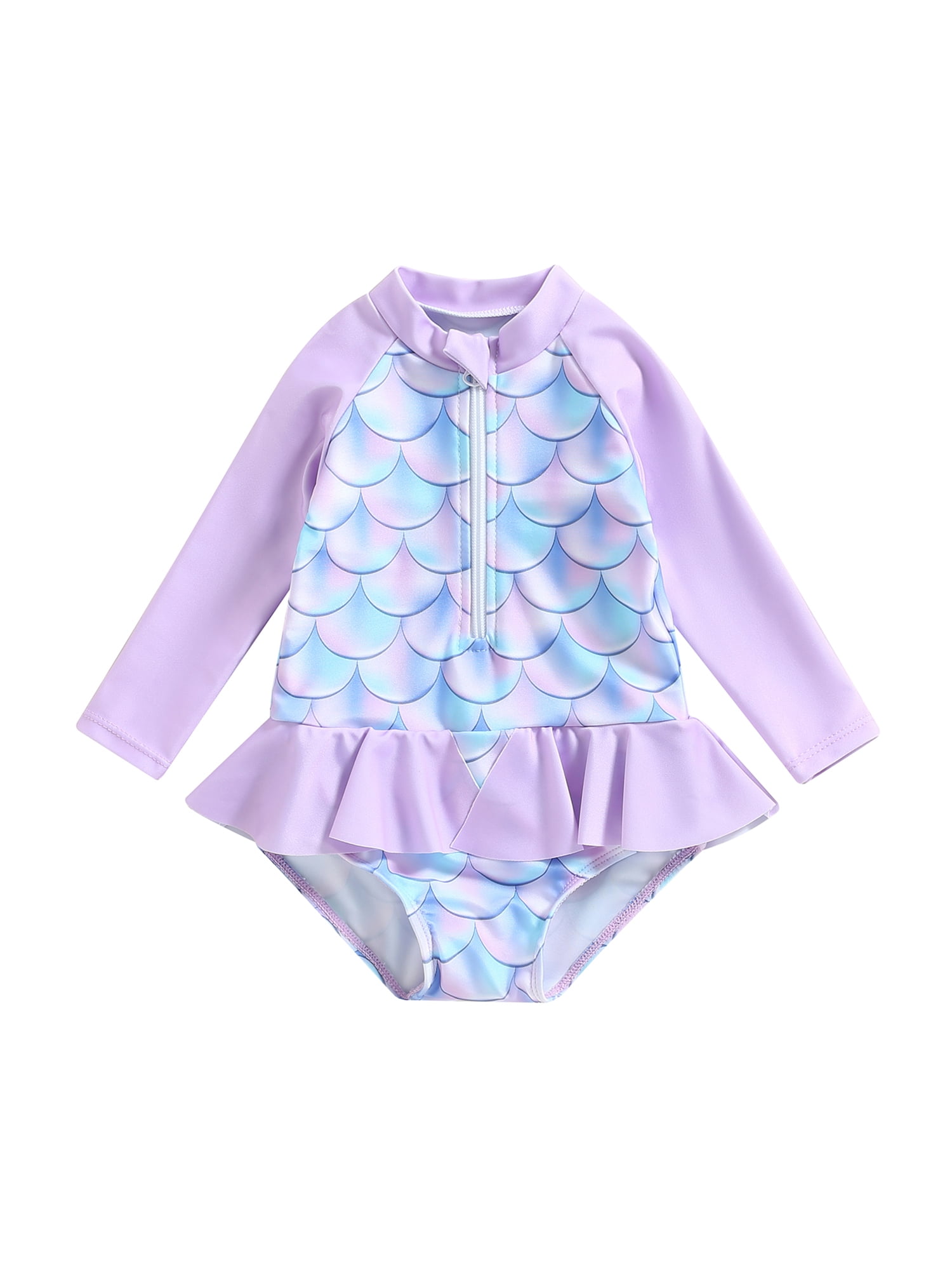 Faithtur Jumpsuit Swimsuit, Fish Scale Print Long Sleeve Round Neck Half Zipper Ruffle Bathing Suit for Toddler Girls