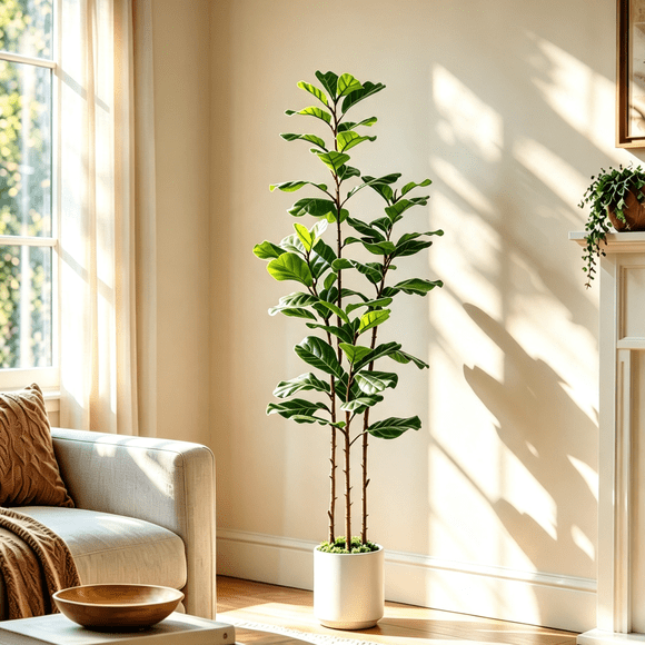 Lolsea 6FT Artificial Fiddle Leaf Fig Tree with White Planter Pot, Natural Trunk Realistic Leaves, Faux Ficus Tree Fake Moss for Home House Office Decor Indoor
