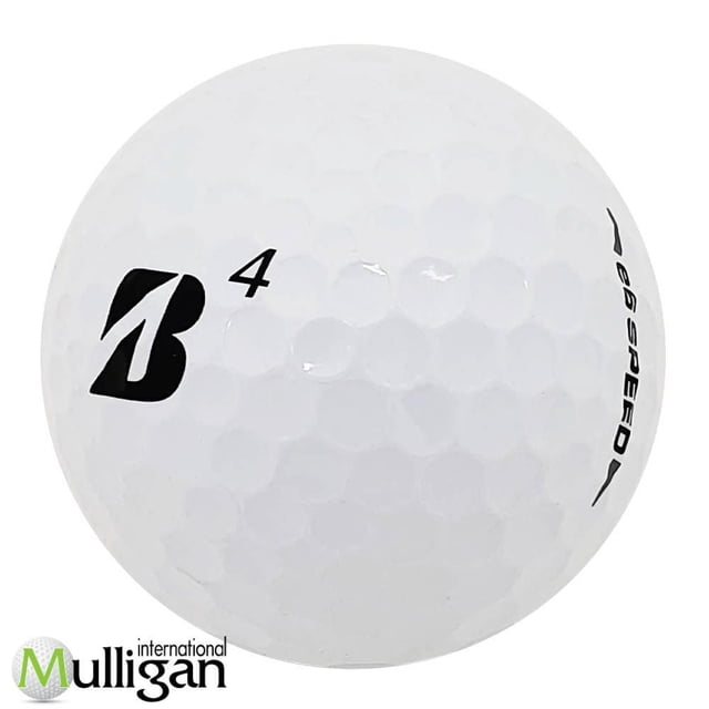 Mulligan - 48 Bridgestone e6 Speed (B) 5A Recycled Used Golf Balls, White, close-up of a single white golf ball showing the black Bridgestone 'B' logo, number 4, and 'e6 Speed' text on the dimpled surface, eco-friendly recycled golf ball suitable for players of all skill levels and often used for practice rounds.