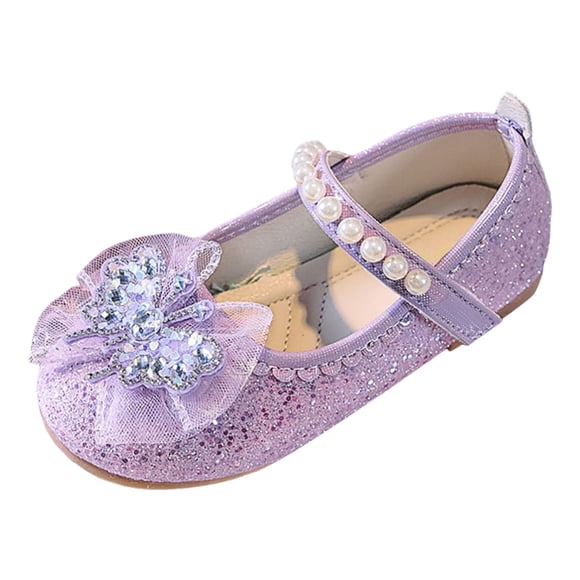 Zanarzt Baby Dress Shoes Girls Solid Color Fashion Leather Shoes Little Girl Butterfly Rhinestone Pearl Princess Shoes Purple,US 1.5
