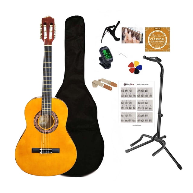 Guitare Classique Format 3/4 pour Enfants et Débutants – Guitare Acoustique Ambre Naturelle, Cordes en Nylon, Trousse de Départ avec Sac, Pics, Tableau des Accords, Support, Accordeur, Capo, Ensemble de Cordons, Sangle Ambre