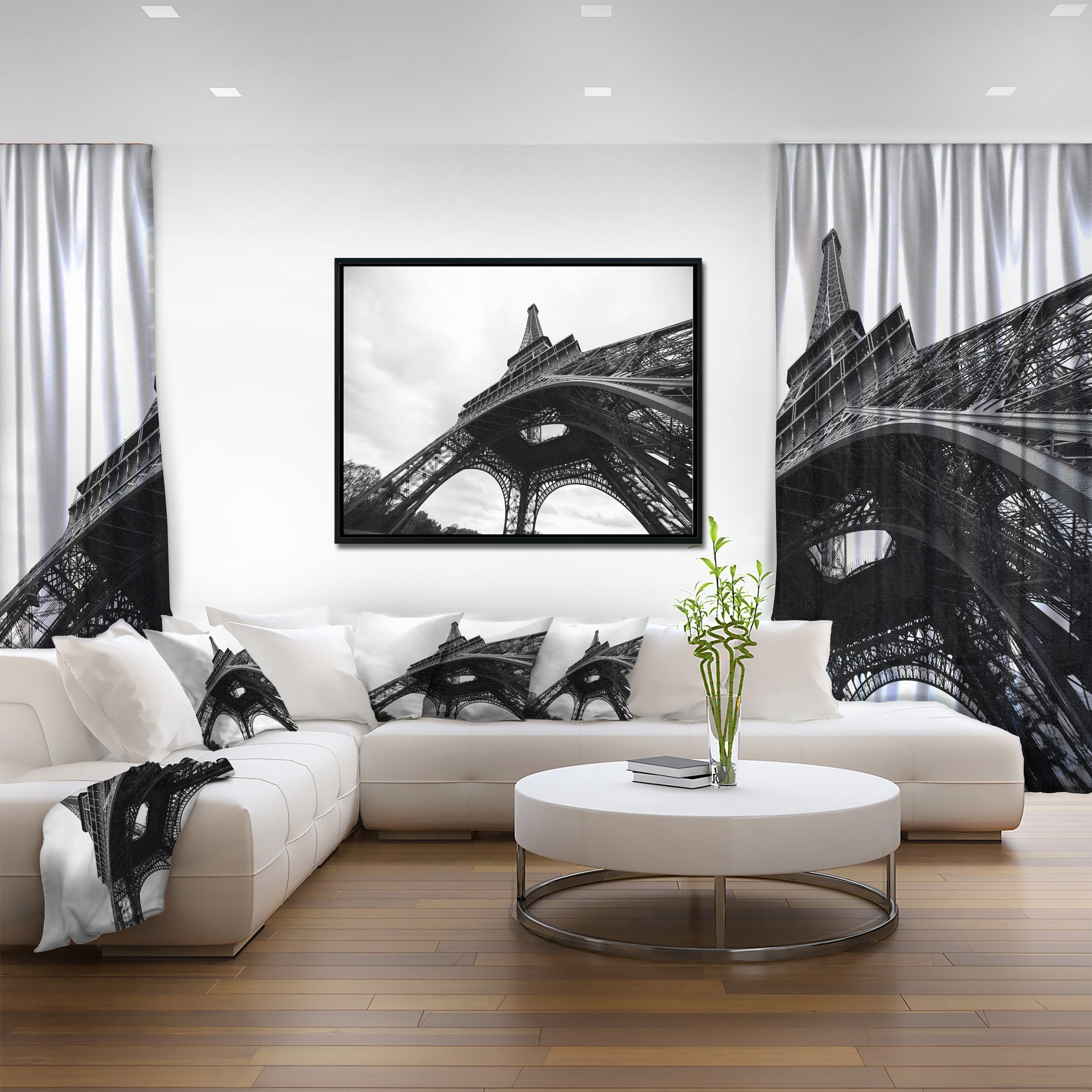 Design Art Paris Tour Eiffel En Noir Et Blanc Vue Latérale Sur Toile Encadrée