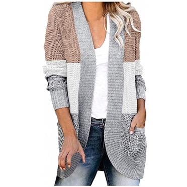 Fiogavroetic Women Casual Soild Long Sleeve Pocket Plush Long Knit Cardigan Sweater