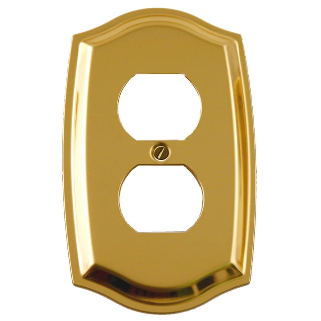Atron Electro Industries Colonial Brass Duplex Wall Plate with a polished brass finish and decorative curved edges, designed for two electrical outlets with a central mounting screw, suitable for enhancing home décor and matching brass fixtures in electrical installations.