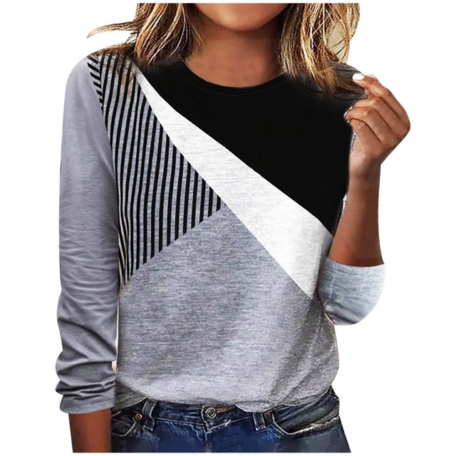 IROINID Liquidation Hauts Grande Taille pour Femmes Col Rond Couture Contraste Couleur Manches Longues T-shirt Blouse, Gris