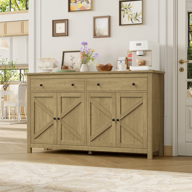Homfa Buffet de Cuisine Style Ferme, Armoire Buffet en Bois à 4 Portes et 2 Tiroirs avec Tablettes Ajustables, Brun