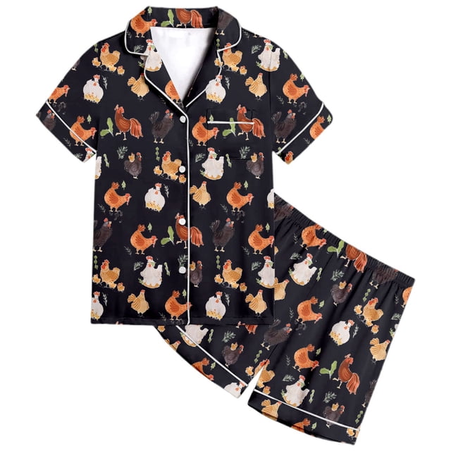 MIASHUI Girls 2-Piece Pajamas Set Animal Chicken Pattern Button-Down Boys Sleepwear,Black,4-5 Years