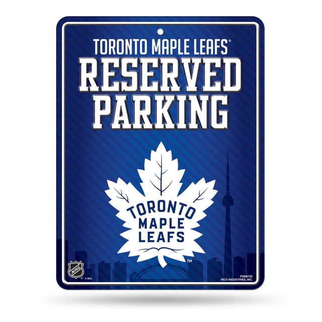 GTEI LNH Maple Leafs de Toronto Panneau de Stationnement Est un Panneau Mural en Métal Bleu de 8,5 X 11 Pouces avec Texte en Relief Blanc « Maple Leafs de Toronto Reserved Stationnement » et un logo de Feuille d'Érable Blanche Mettant en Vedette le Nom de l'Équipe, Accompagné d'Une Subtile silhouette de skyline de Toronto et de Tour CN, Convenant à la Caverne de Fans, au Bureau Ou à la Déco Extérieure.