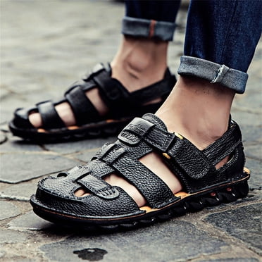 LSLJS Men's Sandals, Summer Mens Leather Sandals Flats Beach Walking Non-SlipSoft Bottom Casual Shoes