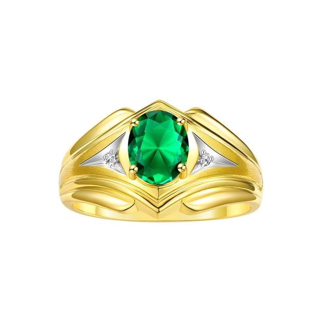 RYLOS Men's Rings Yellow Gold Plated Silver Rings Classic Designer Style 9X7MM Oval Gemstone & Diamond Ring Emerald May Birthstone Rings For Men Size 13