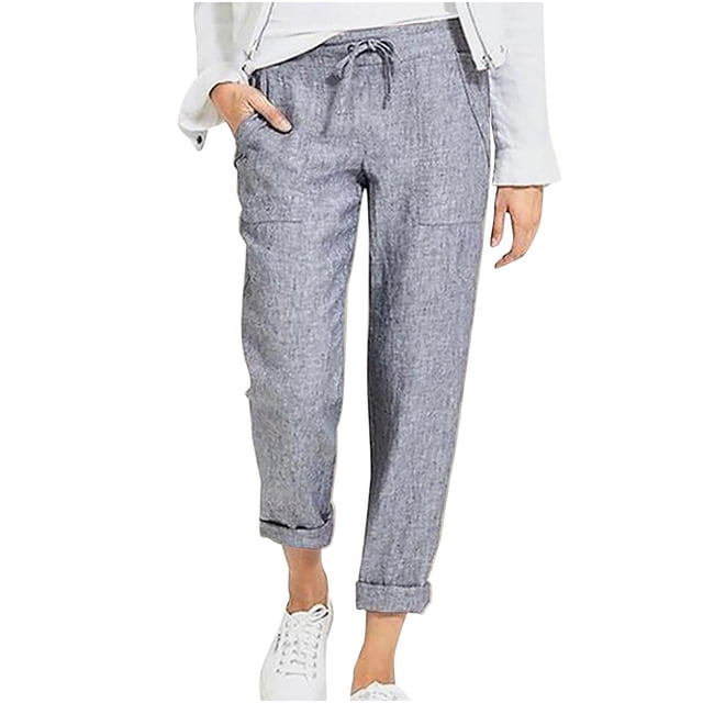 Dagugfen Plus Size Cotton Linen Pants for Women Ruched Elastic Waist Drawstring Lightweight Flare Legging for Casual
