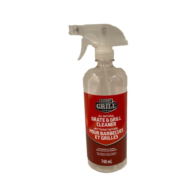 Expert Grill Natural BBQ Grill Cleaner in a clear plastic spray bottle with a translucent trigger and red label stating all natural grate and grill cleaner, biodegradable and non-corrosive formula dissolving grease and carbon deposits, suitable for gas and charcoal grills and utensils, 740 mL.