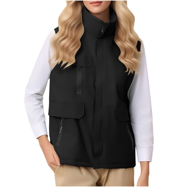 Dagegui Vestes Sans Manches pour Femmes Imperméables Randonnée Voyage Gilet à Fermeture Éclair Col Montant Manteau d'Extérieur Automne Hiver Doudounes avec Poches Noir TTG
