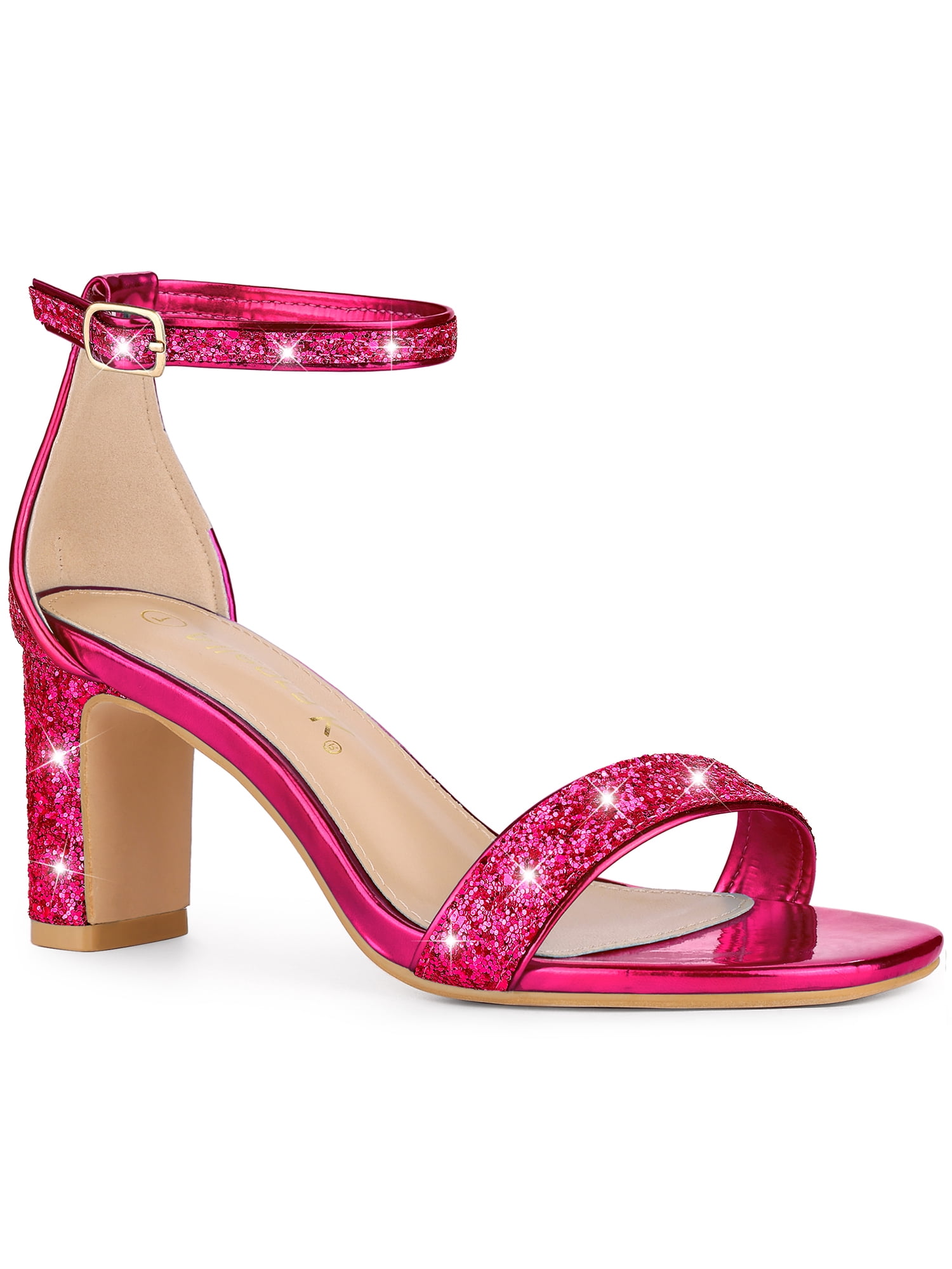 BLISSFUL STEP Women's Shoes Glitter Ankle Strap Block Heel Prom Sandals Hot Pink 8.5