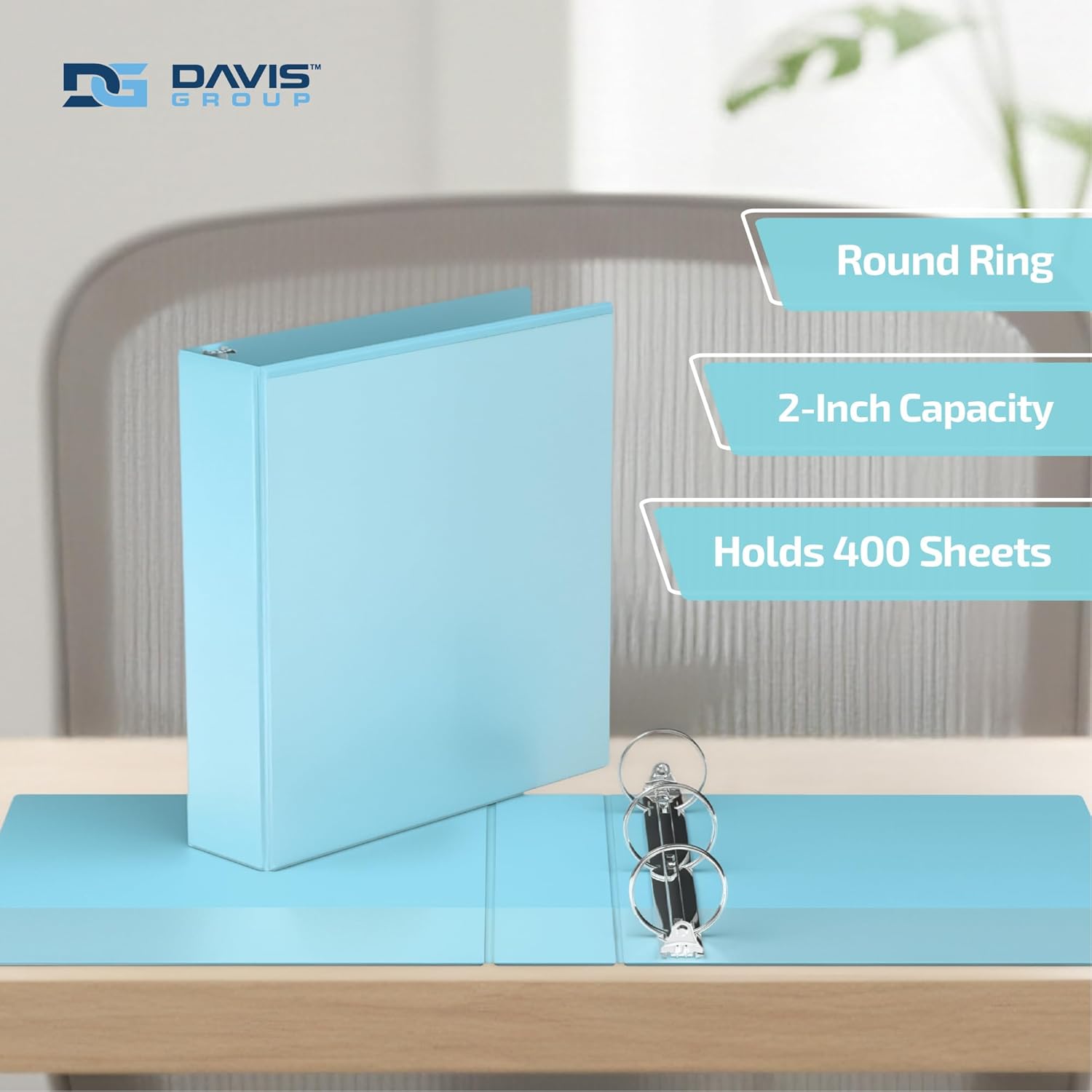 Davis Group Economy 3-Ring View Binders, 2" Round Rings, 475 Capacity, Aqua, Pack of 6
