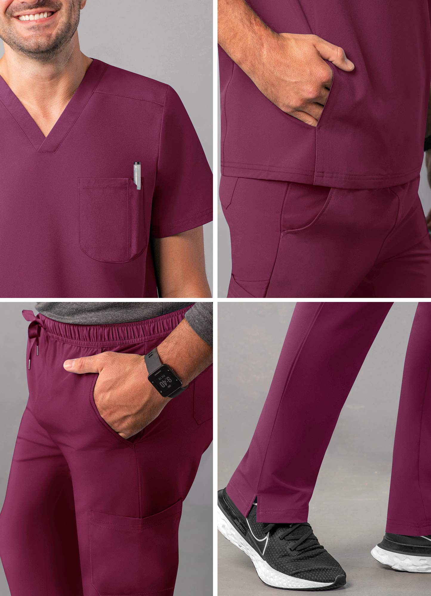 Adar Addition Go-Everyday Scrub Set for Men - Stylish Scrub Top & Cargo Scrub Pants - A9800 - Wine - 3X