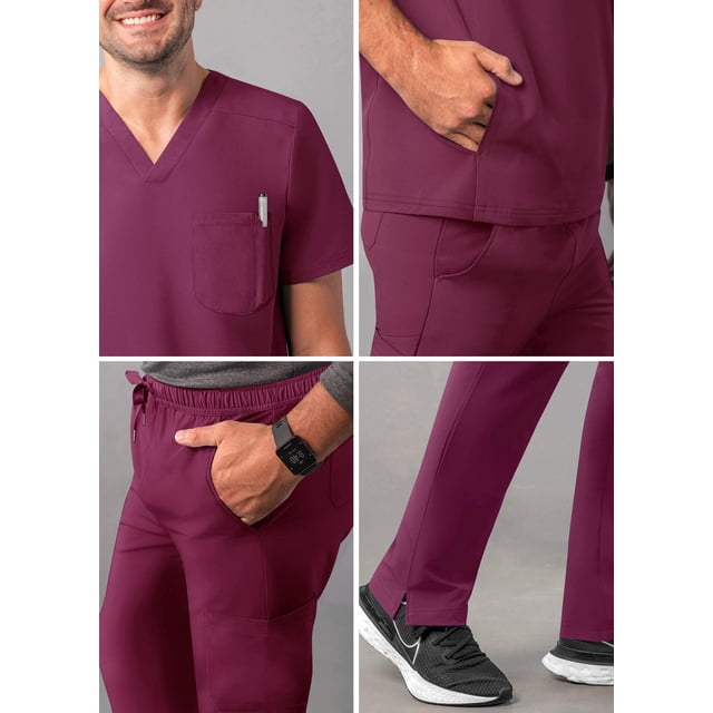 Adar Addition Go-Everyday Scrub Set for Men - Stylish Scrub Top & Cargo Scrub Pants - A9800 - Wine - 3X