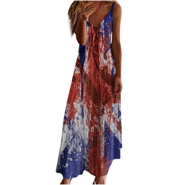 Pompotops Robe Longue de Plage Ajustée Sans Manches à Rayures Imprimées pour Femmes, Taille Mi-Haute, Col en V, Mode Jour de l'Indépendance