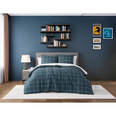 Mainstays 7 Piece Bed in a Bag Comforter Set with Sheets, Navy Plaid, Queen, Unisex