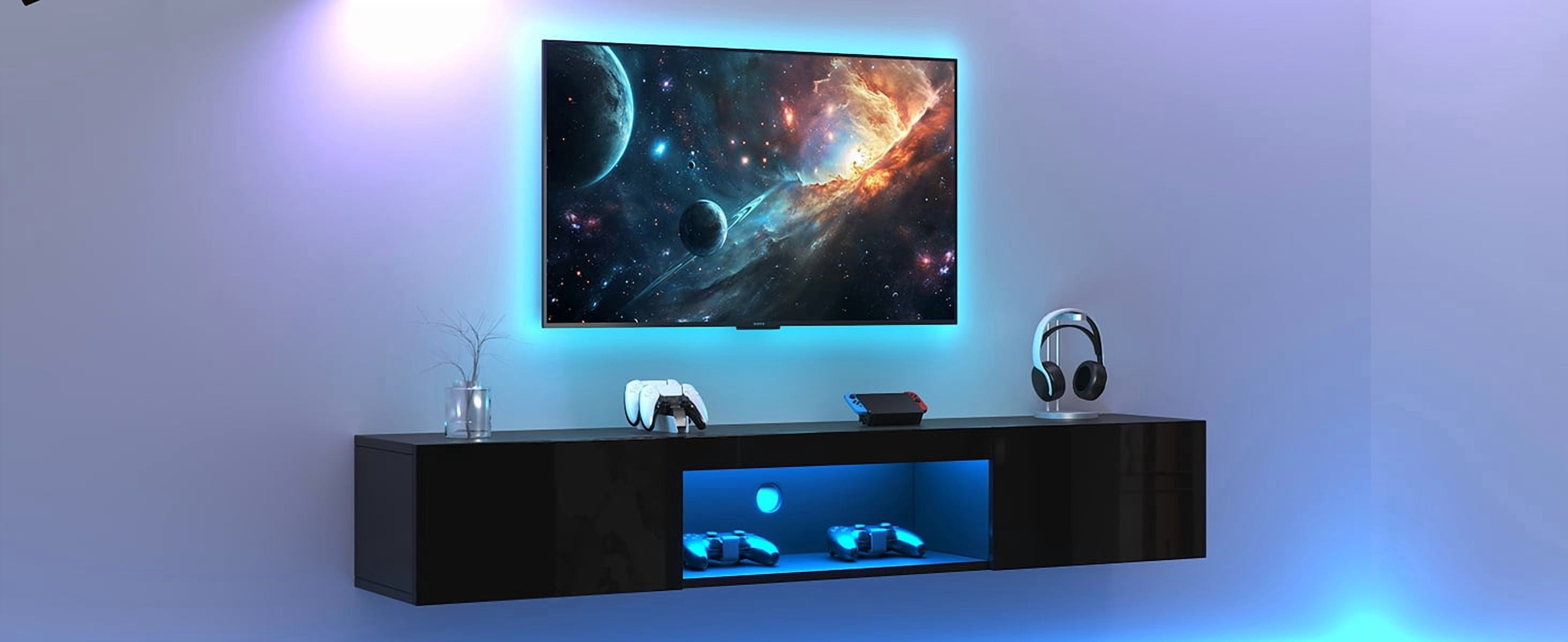 Meuble télé suspendu Noble House 160 cm avec éclairage DEL, pour téléviseur 178 cm, noir