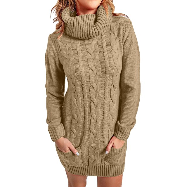 FVWITLYH Robes Sexy pour Femmes Dames Automne Hiver Ajustée Manches Longues Plissée Col Roulé Robe Pull Tricotée Kaki,L