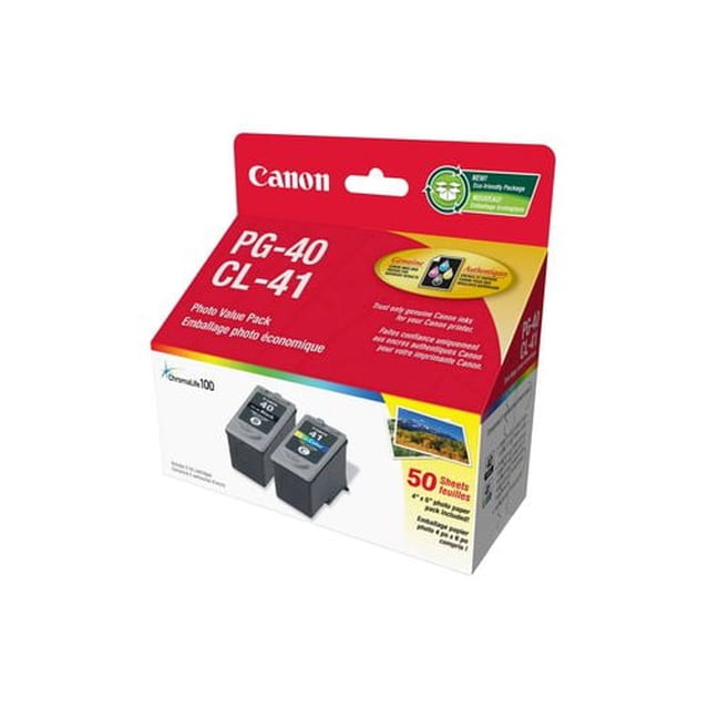 Canon PG-40 /CL-41 Cartouche d'Encre Format Photo Économique avec une PG-40 Noire et une CL-41 Tricolore, plus 50 Feuilles de Papier Photo Brillant de 4 Pouces x 6 Pouces en Boîte Rouge et Blanche, compatible avec Certains PIXMA printers et Doté du Système ChromaLife100 pour des Tirages Photo Longue Durée.