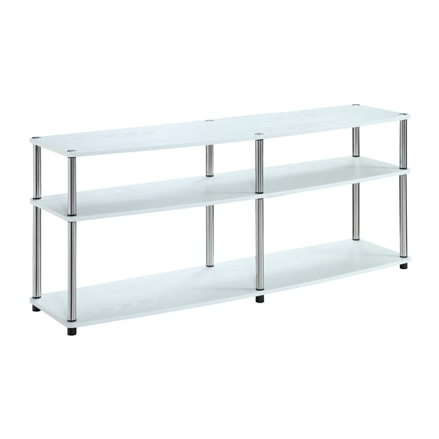 Convenience Concepts Designs2Go 60" 3 Tier TV Stand in White with a modern design, featuring three open concept shelves, stainless steel-clad poles, and cable management. Made of white wood, it holds TVs up to 60 inches and complements contemporary decor. Dimensions: 24" H x 15.75" W x 59" D.